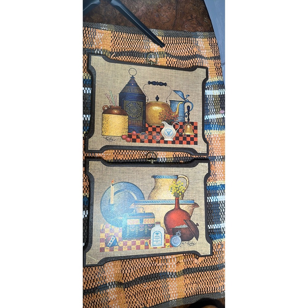 Set of 2 Vintage S. N. Riley Kitchen Still Life Wood Wall Hangings Decor